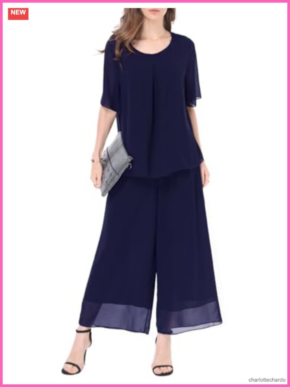 Women's 2 Piece Chiffon Pantsuit Set Double Layers Ruffle Blouse Wide Leg Pants
